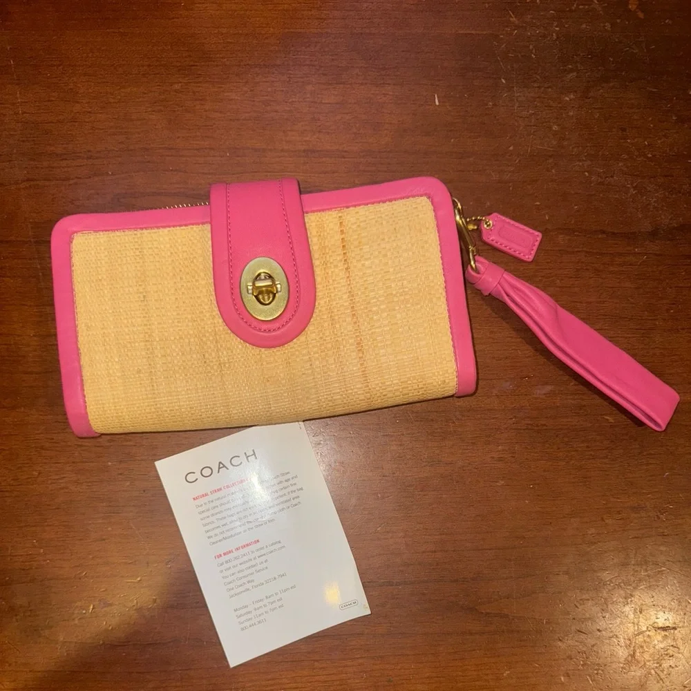 COACH Straw Collection Legacy Wallet Wristlet with Turnlock Bright Pink